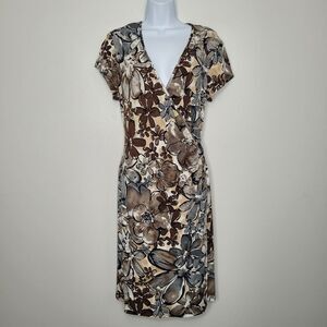 Grunge brown gray faux wrap floral stretch midi short sleeve dress size 14